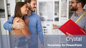  Presentation with salesman - Amazing presentation having young-couple-customer-with-salesman backdrop and a ocean colored foreground