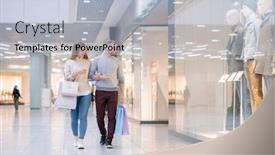  Presentation with mall - Slide set featuring young couple discussing new collection in shop window while passing by one of departments in the mall during seasonal sale background and a light blue colored foreground