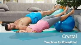  Presentation with abdominal - Audience pleasing theme consisting of young couple doing abdominal exercise with fit ball in living room smiling backdrop and a teal colored foreground