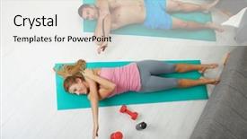  Presentation with mattress - Presentation theme with young couple doing exercises lying on fitness mattress in living room overhead shot background and a white colored foreground