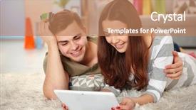  Presentation with online shopping - Presentation with young couple doing online shopping with tablet and credit card lying on fur carpet indoors background and a coral colored foreground