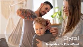  Presentation with home - Audience pleasing presentation design consisting of young-couple-dressing backdrop and a coral colored foreground