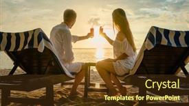  Presentation with sunset beach - Colorful presentation design enhanced with young-couple-drinking-cocktails backdrop and a tawny brown colored foreground