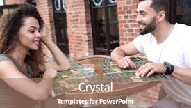  Presentation with coffee - Audience pleasing PPT theme consisting of young couple drinking coffee cafe backdrop and a  colored foreground