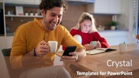  Presentation with internet surfing - Presentation theme consisting of young-couple-drinking-coffee background and a tawny brown colored foreground