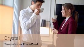  Presentation with hotel business - Slide deck featuring young-couple-drinking-coffee background and a coral colored foreground