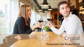  Presentation with bistro - Slide set enhanced with young-couple-drinking-wine background and a coral colored foreground