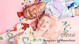  Presentation with eating - Audience pleasing presentation design consisting of young-couple-eating-marmalade-together backdrop and a lemonade colored foreground