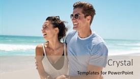 Presentation with young happy couple - Colorful PPT layouts enhanced with young-couple-embracing-while-walking backdrop and a coral colored foreground
