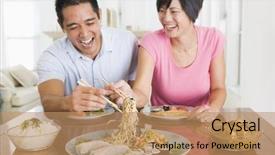  Presentation with chinese food - PPT theme having young couple enjoying chinese food background and a coral colored foreground