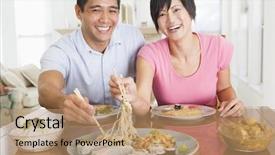  Presentation with chinese food - Audience pleasing slides consisting of young couple enjoying chinese food backdrop and a coral colored foreground