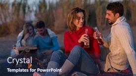  Presentation with campfire - PPT layouts featuring young-couple-enjoying-with-friends background and a navy blue colored foreground