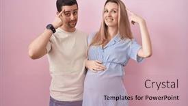  Presentation with great idea - PPT theme with young-couple-expecting-a-baby background and a coral colored foreground