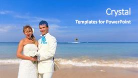  Presentation with married couple - Slide set having multicolored bright stand from wooden boards and blue sky with white clouds background and a gold colored foreground