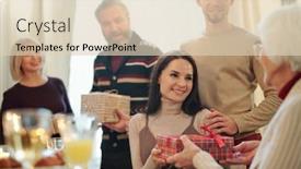  Presentation with christmas party - PPT layouts with young-couple-giving-wrapped-giftbox background and a lemonade colored foreground