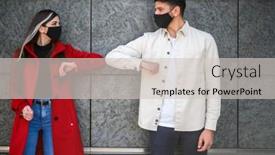  Presentation with greetings - Presentation theme with young-couple-greetings-with-elbows background and a soft green colored foreground