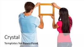  Presentation with hanging rope pictures white - PPT theme having young couple hanging a frame background and a  colored foreground