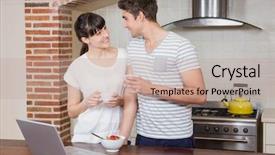  Presentation with discussion - Beautiful presentation design featuring young couple having a discussion while having coffee in kitchen backdrop and a mint green colored foreground