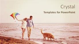  Presentation with kite - PPT theme having young couple having fun playing with a dog and kite on the beach at autumn day filter background and a cream colored foreground