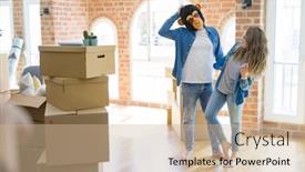  Presentation with monkey - Cool new PPT layouts with young couple having fun wearing a monkey mask moving to a new apartment around cardboard boxes backdrop and a soft green colored foreground