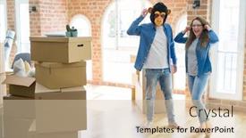  Presentation with monkey - Amazing presentation theme having young couple having fun wearing a monkey mask moving to a new apartment around cardboard boxes backdrop and a lemonade colored foreground