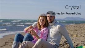  Presentation with making soap - Beautiful slide set featuring young couple having fun and making soap bubbles on the beach at autumn day colored filter backdrop and a light blue colored foreground