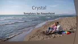  Presentation with making soap - Presentation design with young couple having fun and making soap bubbles on the beach at autumn day background and a light blue colored foreground