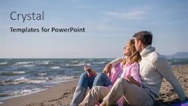  Presentation with making soap - Colorful presentation design enhanced with young couple having fun and making soap bubbles on the beach at autumn day backdrop and a light blue colored foreground