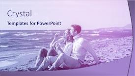  Presentation with making soap - Slide deck featuring young couple having fun and making soap bubbles on the beach at autumn day background and a sky blue colored foreground