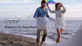  Presentation with kite - Colorful slides enhanced with young couple having fun and playing with a kite on the beach at autumn day backdrop and a light gray colored foreground