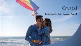  Presentation with kite - Audience pleasing PPT layouts consisting of young couple having fun and playing with a kite on the beach at autumn day backdrop and a light blue colored foreground
