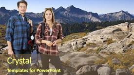  Presentation with hiking - Beautiful slides featuring young couple hiking along a small creek over a nature trail through a mountainous landscape backdrop and a violet colored foreground