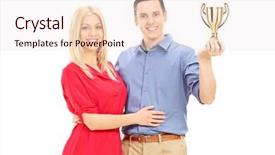  Presentation with black and gold and white - Presentation theme having young couple holding a gold background and a  colored foreground