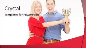  Presentation with trophy award hand holding - Presentation design enhanced with young couple holding a trophy background and a  colored foreground