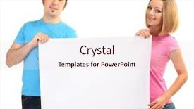  Presentation with poster - Amazing PPT layouts having young couple holding blank poster isolated on white backdrop and a lemonade colored foreground