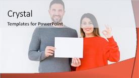  Presentation with blank - Cool new PPT theme with young couple holding blank sheet backdrop and a sky blue colored foreground