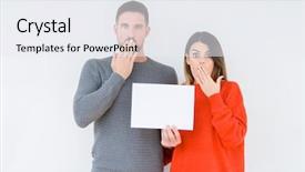  Presentation with blank - Colorful slide deck enhanced with young couple holding blank sheet backdrop and a sky blue colored foreground