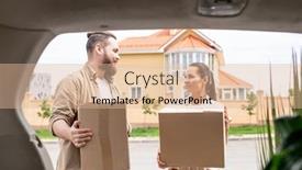  Presentation with loading - Amazing PPT theme having young-couple-holding-cardboard-boxes backdrop and a coral colored foreground