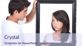  Presentation with picture frame - Cool new slide set with young couple holding empty picture frame backdrop and a sky blue colored foreground