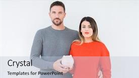  Presentation with piggy bank - Audience pleasing theme consisting of young couple holding piggy bank backdrop and a  colored foreground