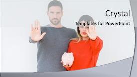  Presentation with piggy bank is evil - Slide set having young couple holding piggy bank background and a sky blue colored foreground