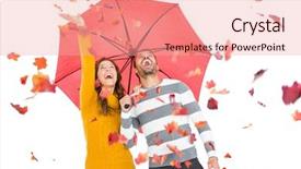  Presentation with maple - Beautiful presentation theme featuring young couple holding umbrella and playing with maple leaves on white background backdrop and a coral colored foreground