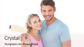  Presentation with paint roller - Presentation having young couple hugging and holding paint roller on white background background and a lemonade colored foreground