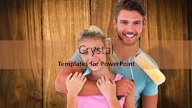  Presentation with paint roller - Presentation design featuring young couple hugging and holding paint roller against wooden table background and a coral colored foreground