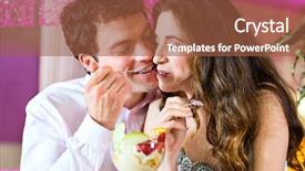  Presentation with ice cream sundae - Audience pleasing presentation theme consisting of young couple in a cafe or ice cream parlor eating an ice cream sundae together backdrop and a tawny brown colored foreground