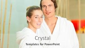  Presentation with waiting - Presentation design having young-couple-in-bathrobe background and a white colored foreground