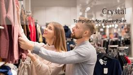  Presentation with new orleans gala - Slide deck with young couple in casualwear looking at new seasonal collection of clothes while choosing pullover during shopping in the mall background and a coral colored foreground