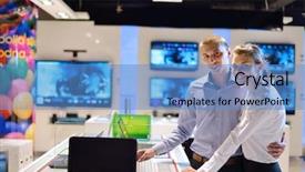  Presentation with consumer electronics - Audience pleasing presentation design consisting of young couple in consumer electronics backdrop and a  colored foreground