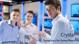  Presentation with consumer electronics - Beautiful PPT theme featuring young couple in consumer electronics backdrop and a light blue colored foreground