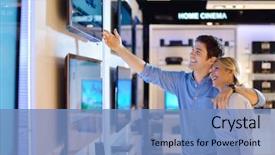  Presentation with consumer electronics - Colorful presentation design enhanced with young couple in consumer electronics backdrop and a teal colored foreground